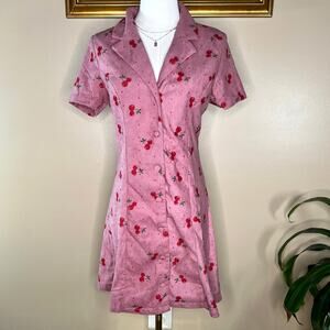 Corduroy Cherry Print Fit-and-Flare Short Sleeve Shirt Dress Coquette Tea Party
